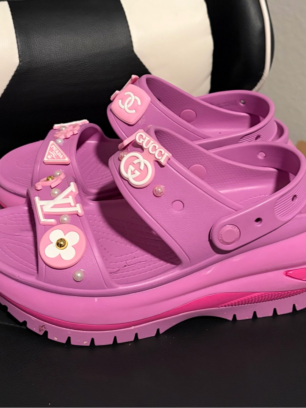 CROCS Pink Platform Wedge Slide Sandals with Decorative Charms - Picture 2 of 4